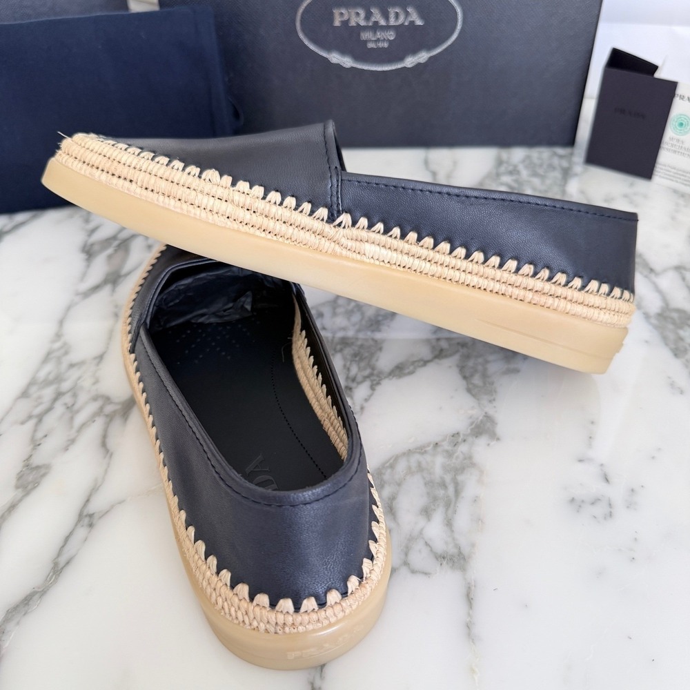 Prada Nappa Leather Mens Loafers Blue Espadrille Rope Trim SlipOn 2DG156 US8 - Picture 8 of 14